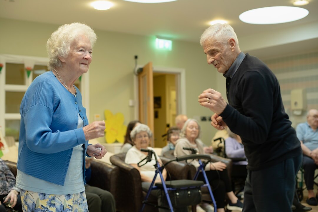 elderly friends talking in garden